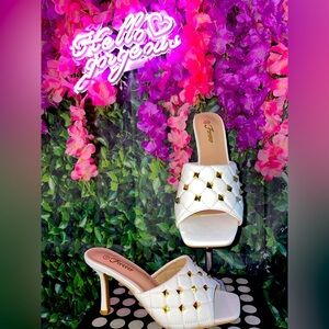 White Faux Leather Quilted Slip-On Heels